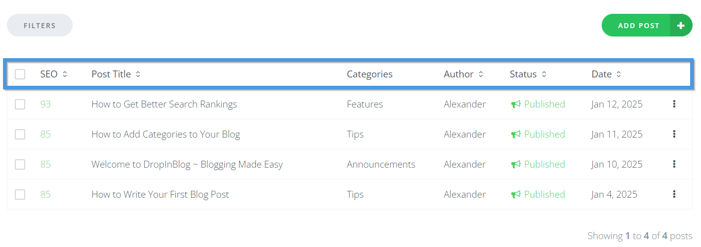 Managing blog posts from within the DropInBlog admin panel
