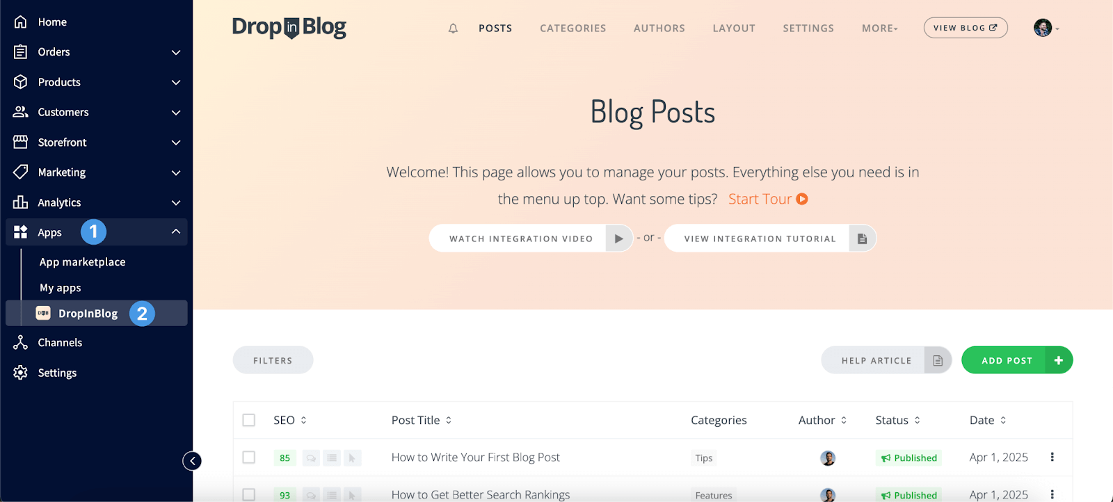Open the DropInBlog app from your BigCommerce dashboard