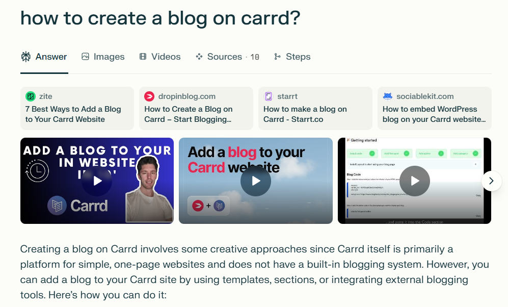 Perplexity AI results for the query: how to create a blog on Carrd