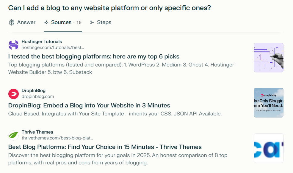 AI Mentions: Perplexity AI results for the query: Can I add a blog to any website platform or only specific ones