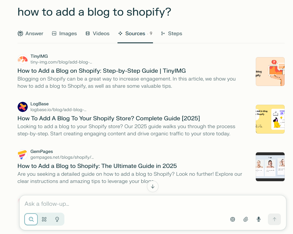 Perplexity AI results for the query: how to add a blog to Shopify
