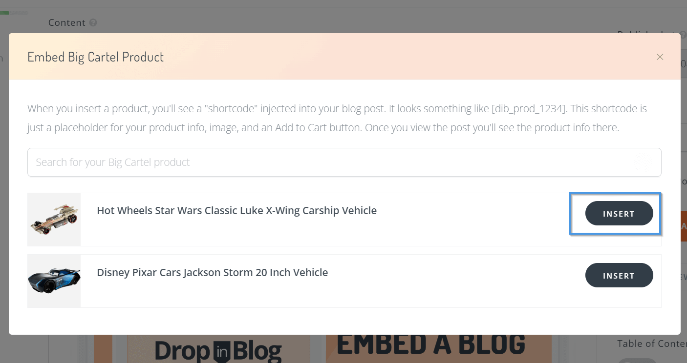 Inserting a product from the DropInBlog post editor