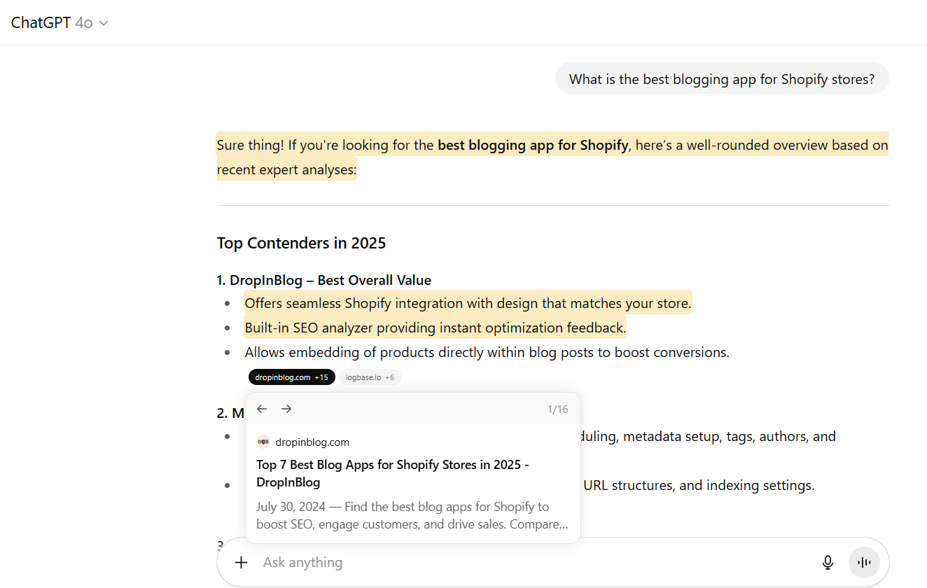 ChatGPT cites DropInBlog as one of the best Shopify blog apps