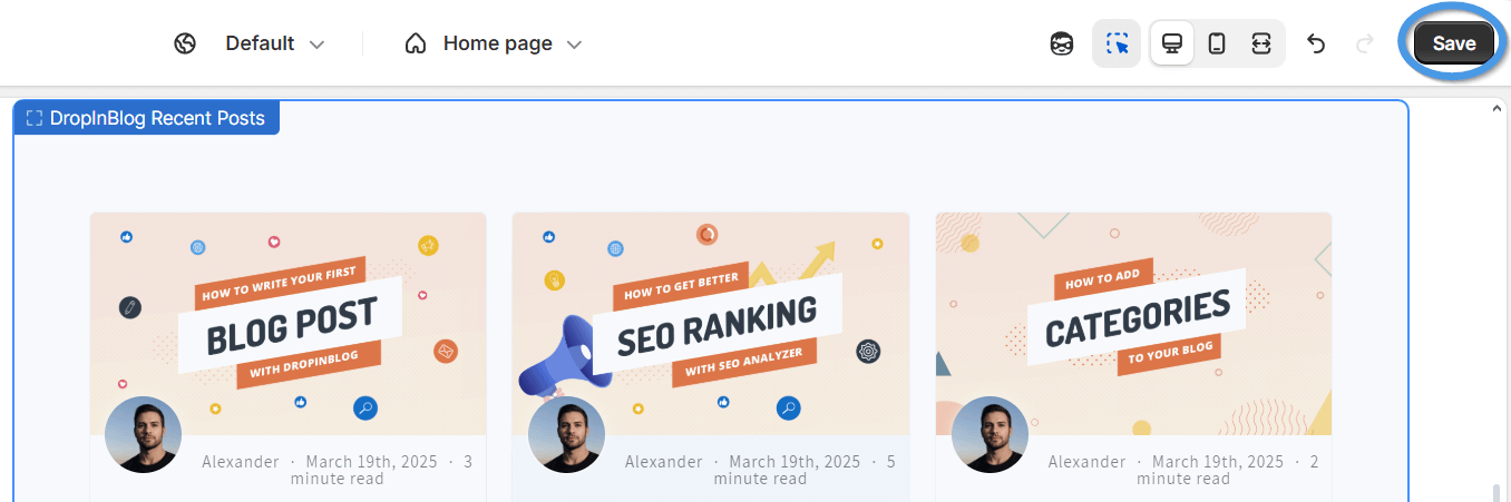Save changes made to the DropInBlog Recent Posts