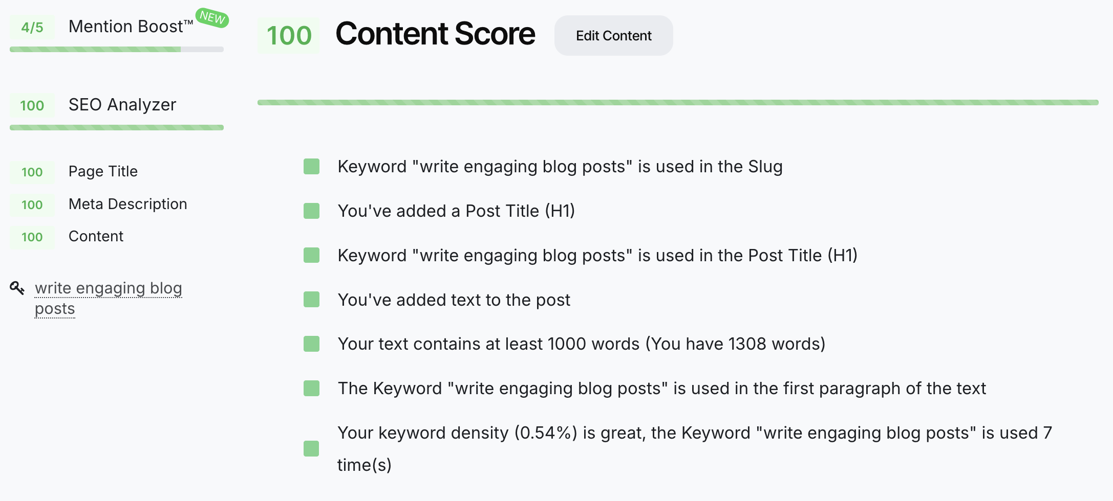 DropInBlog's SEO Analyzer: Content score breakdown