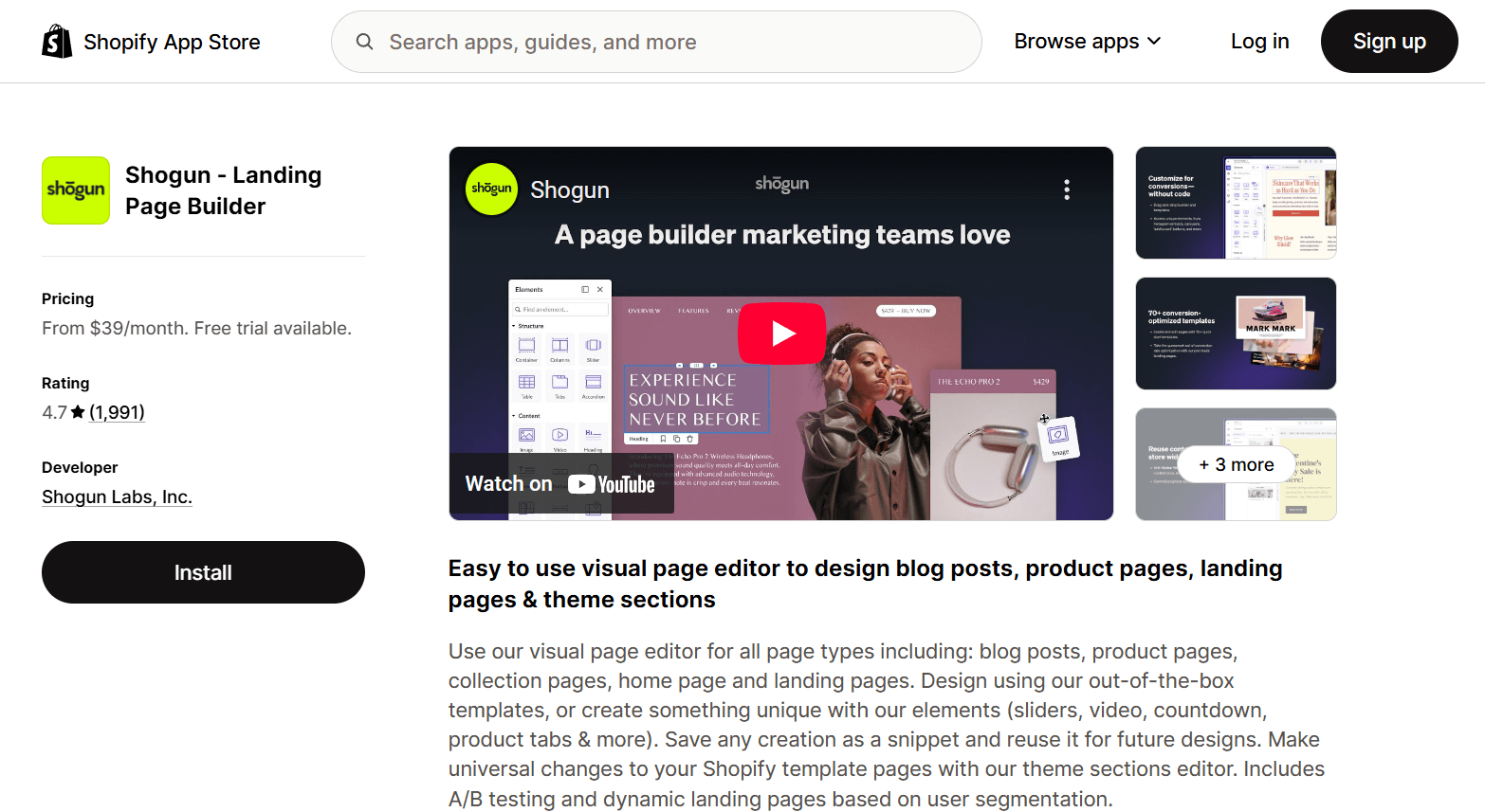 Shogun Shopify app listing