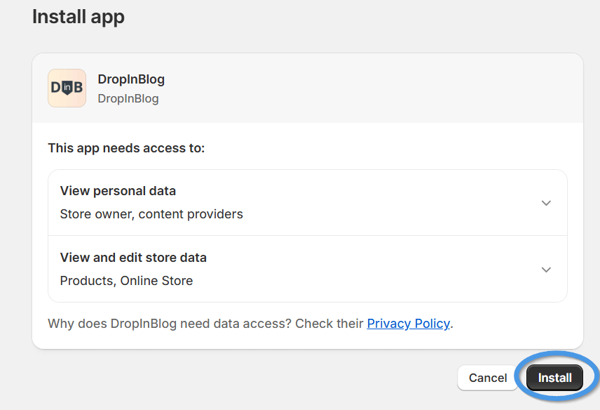 Shopify blog install step
