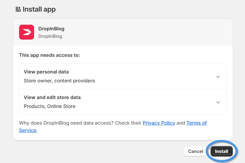 Shopify blog install step