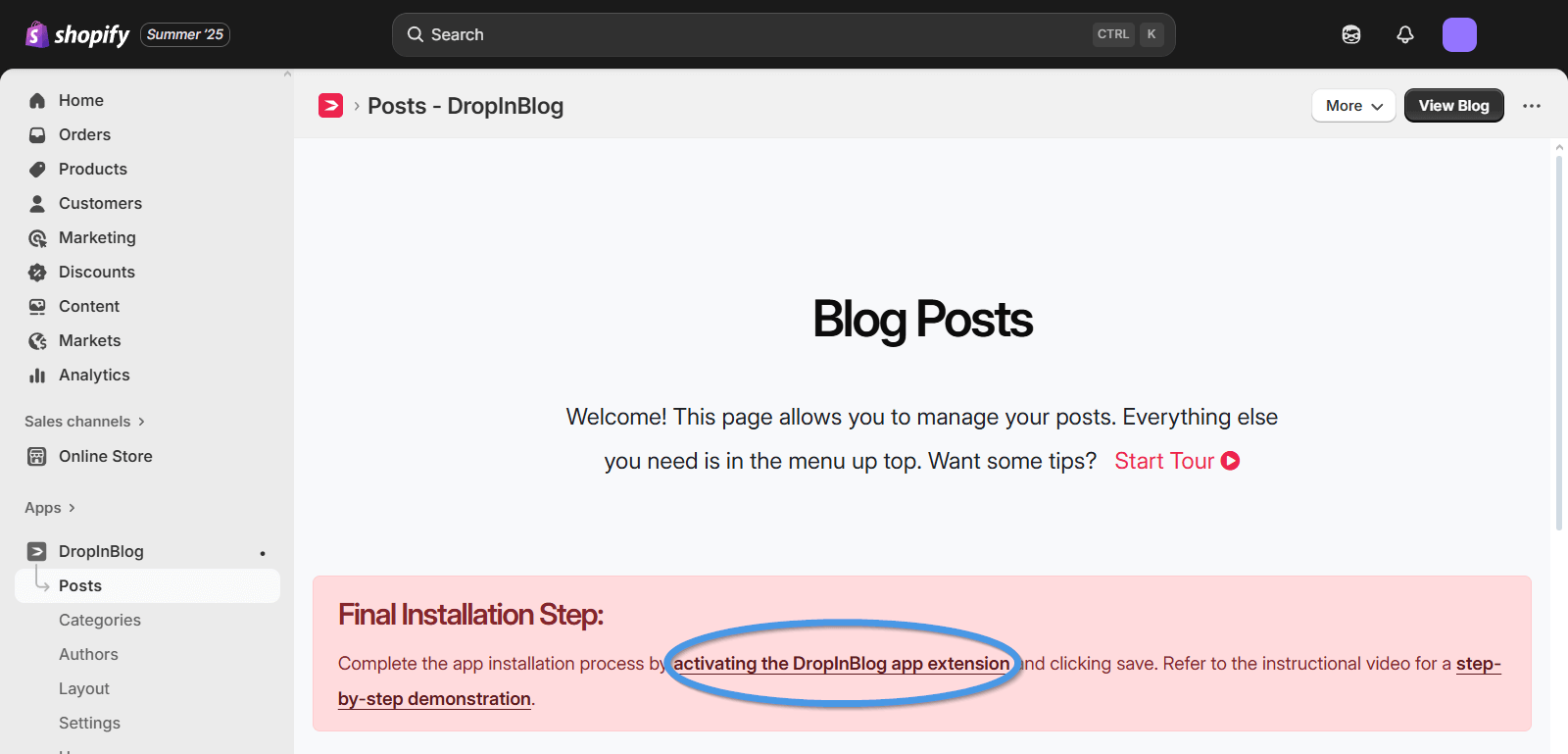Shopify blog install step