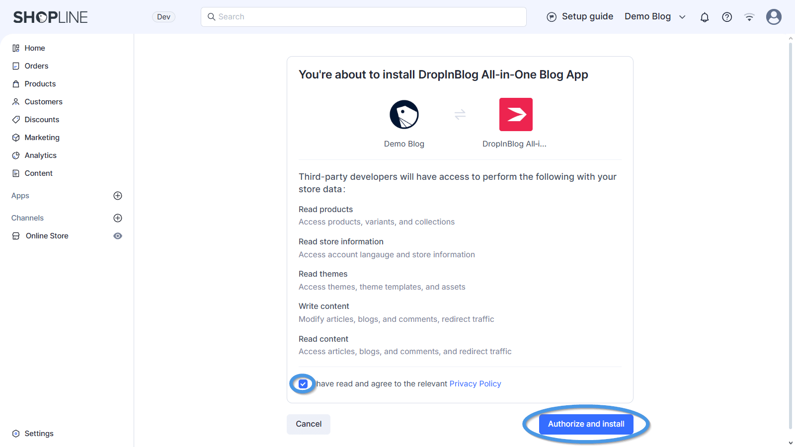 Shopline blog install step