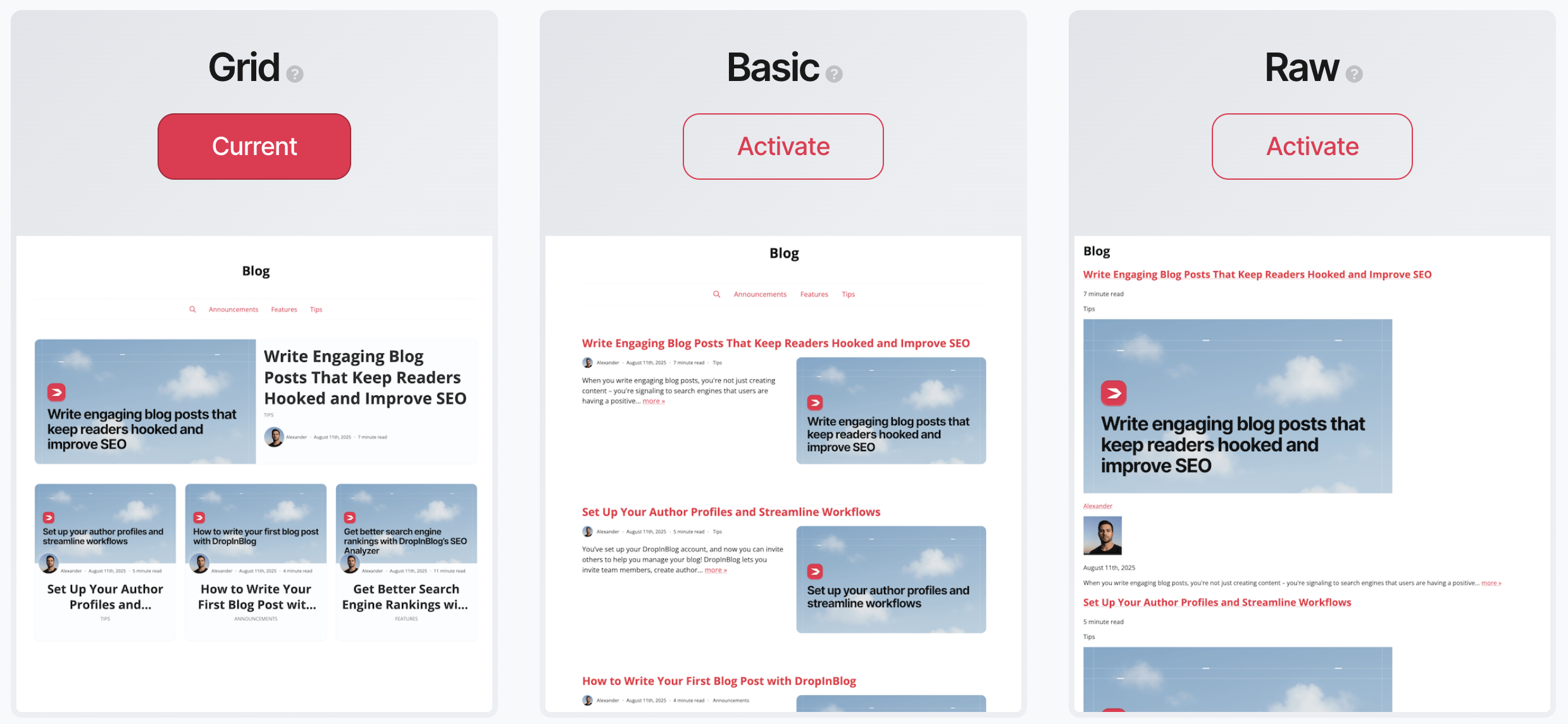 Supported blog layouts