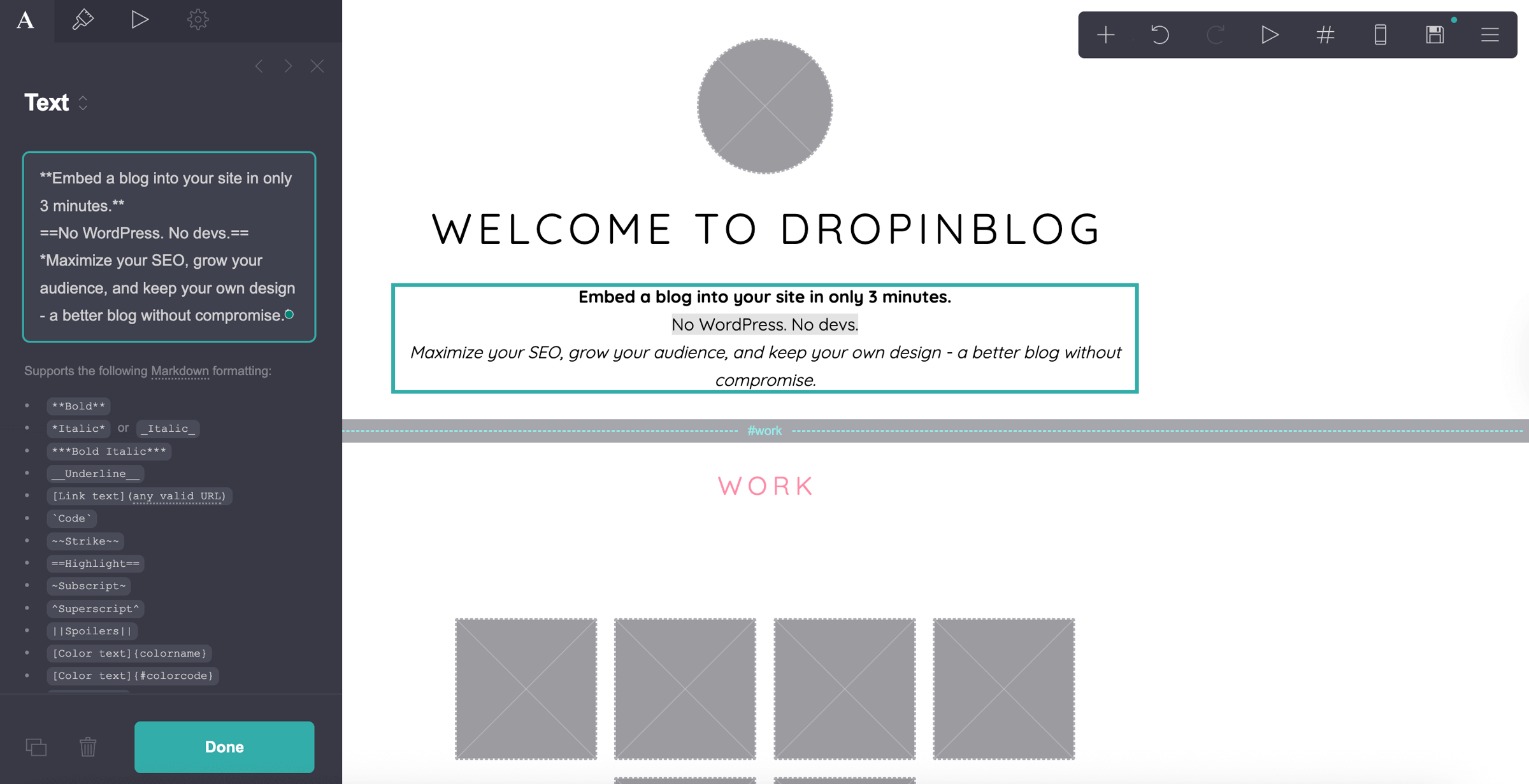 Text editing options in Carrd's site builder