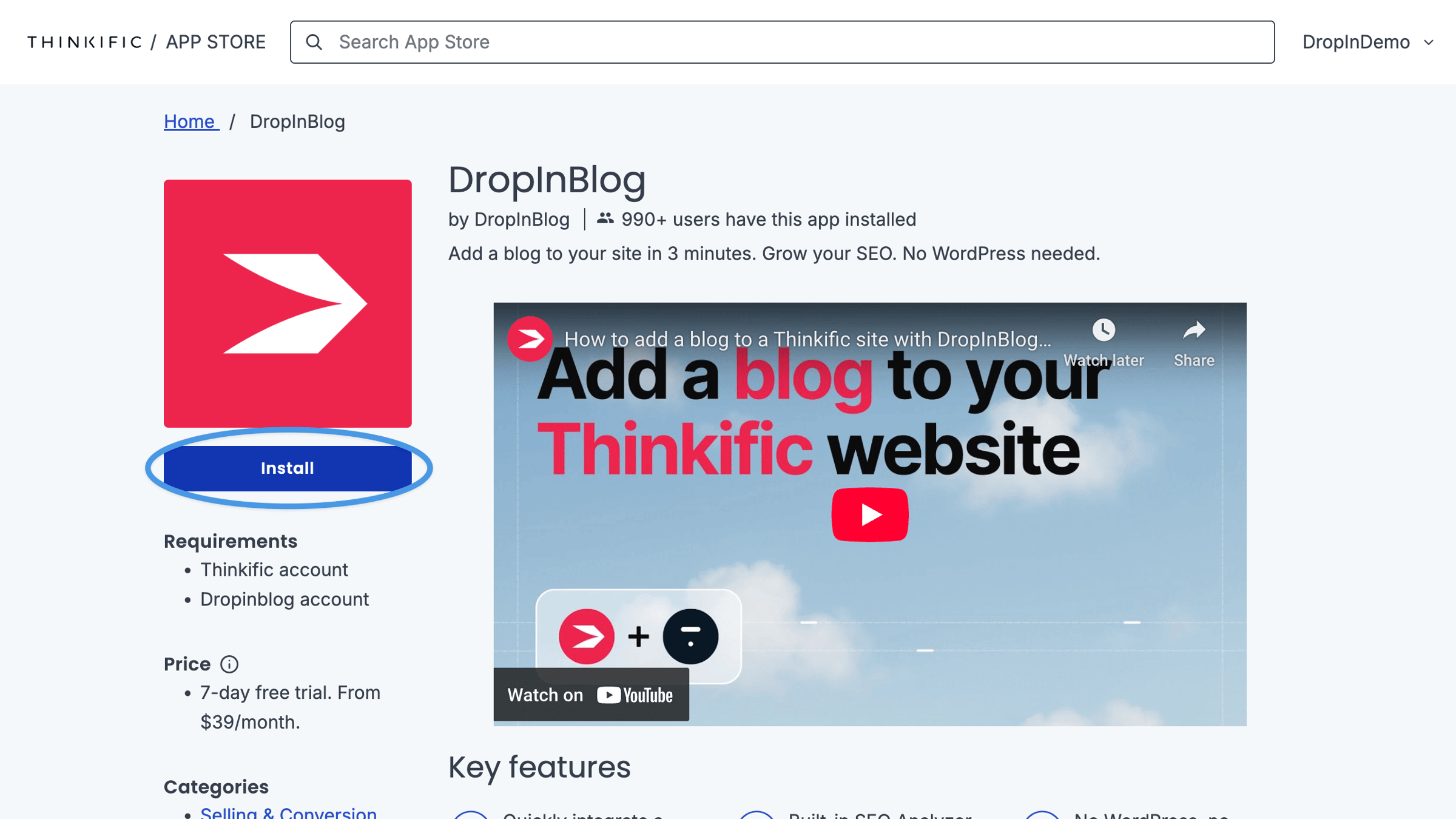 Thinkific blog install step