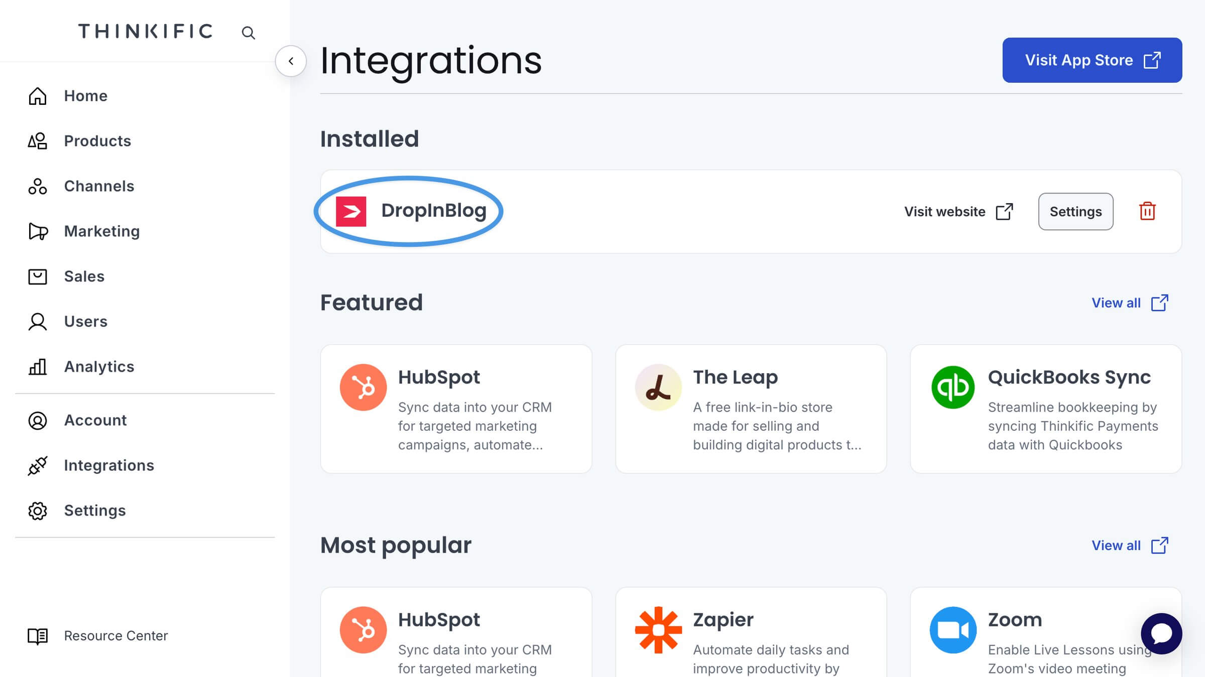 Thinkific blog install step
