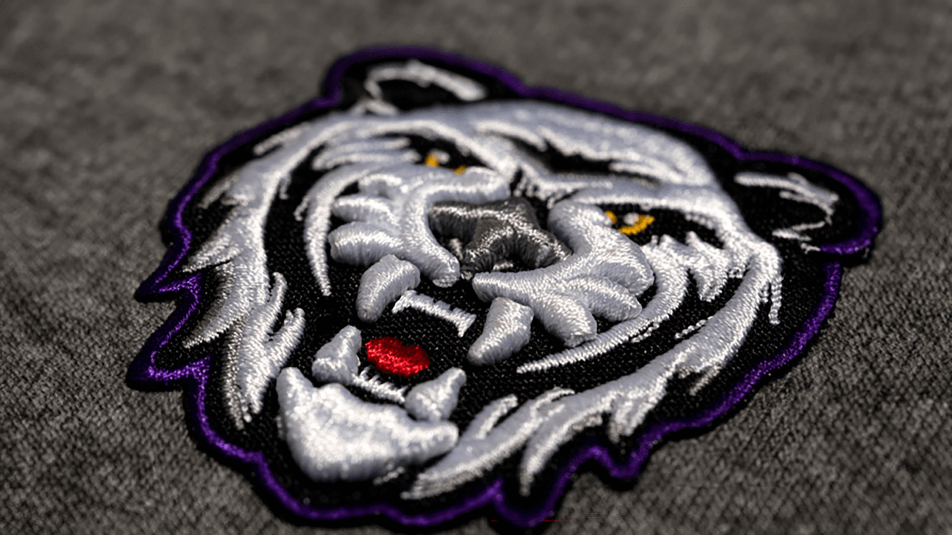  A 3D embroidered patch of a fierce bear’s head with raised details, featuring white and gray fur, yellow eyes, a red mouth, and purple outline on a dark gray fabric background