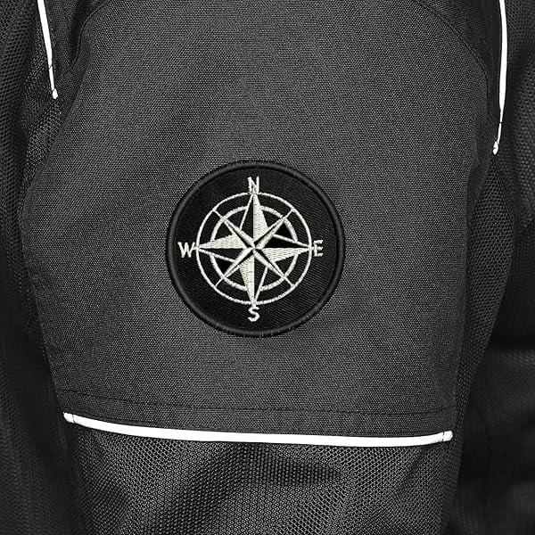 the arm of a jacket with a custom embroidered patch of a compass