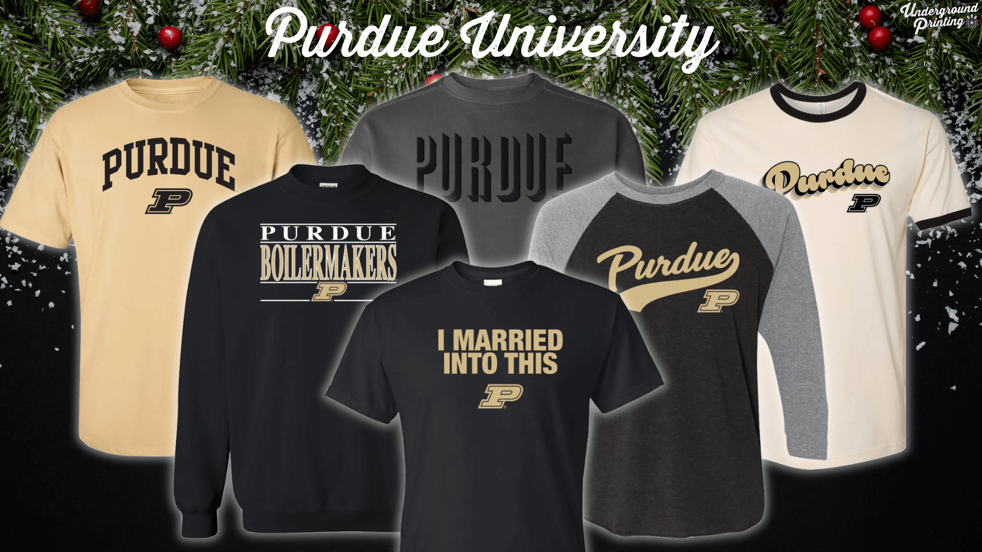 A range of Purdue University apparel in black, beige, and gold tones, featuring T-shirts, sweatshirts, and raglan tees with "Purdue," "Boilermakers," and Purdue logos.