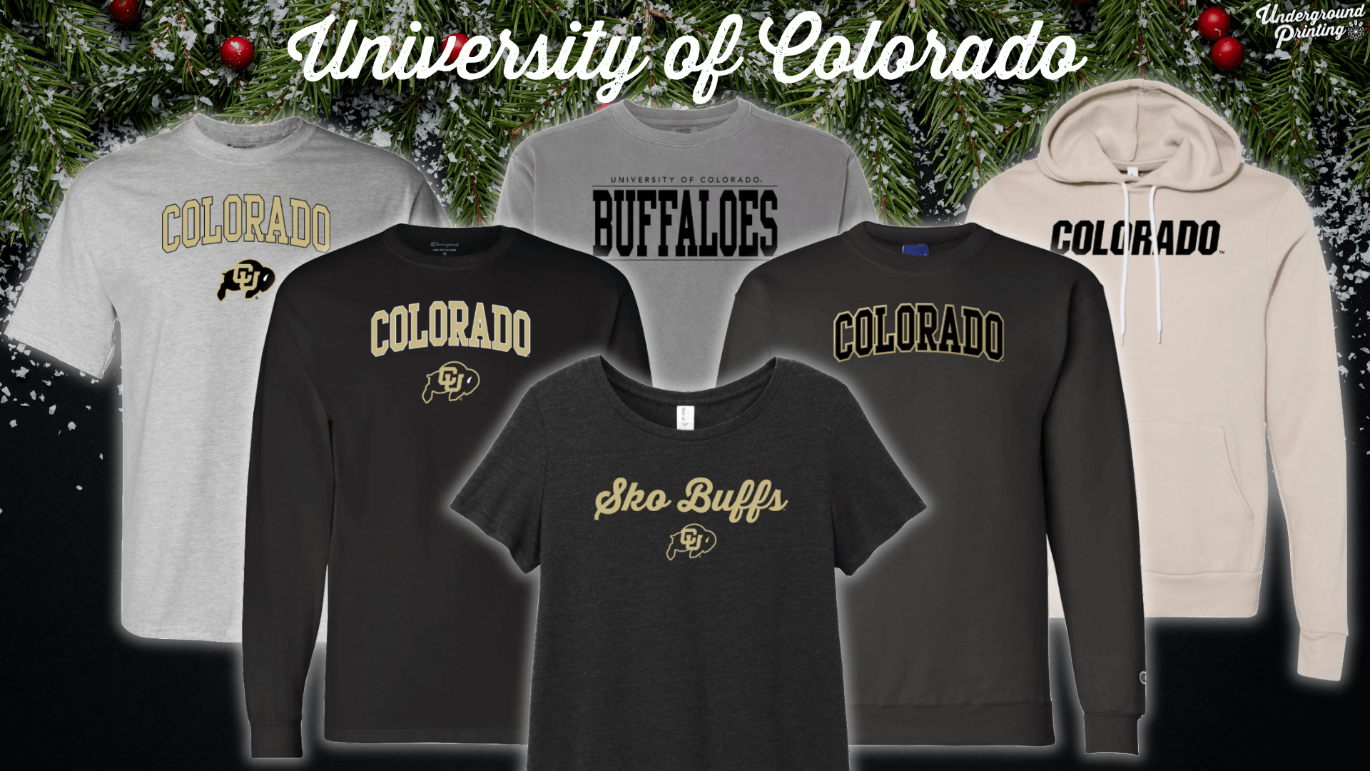 A selection of University of Colorado clothing in black, gray, and gold, including T-shirts, long sleeves, and a hoodie with "Buffaloes" and CU Boulder logos.