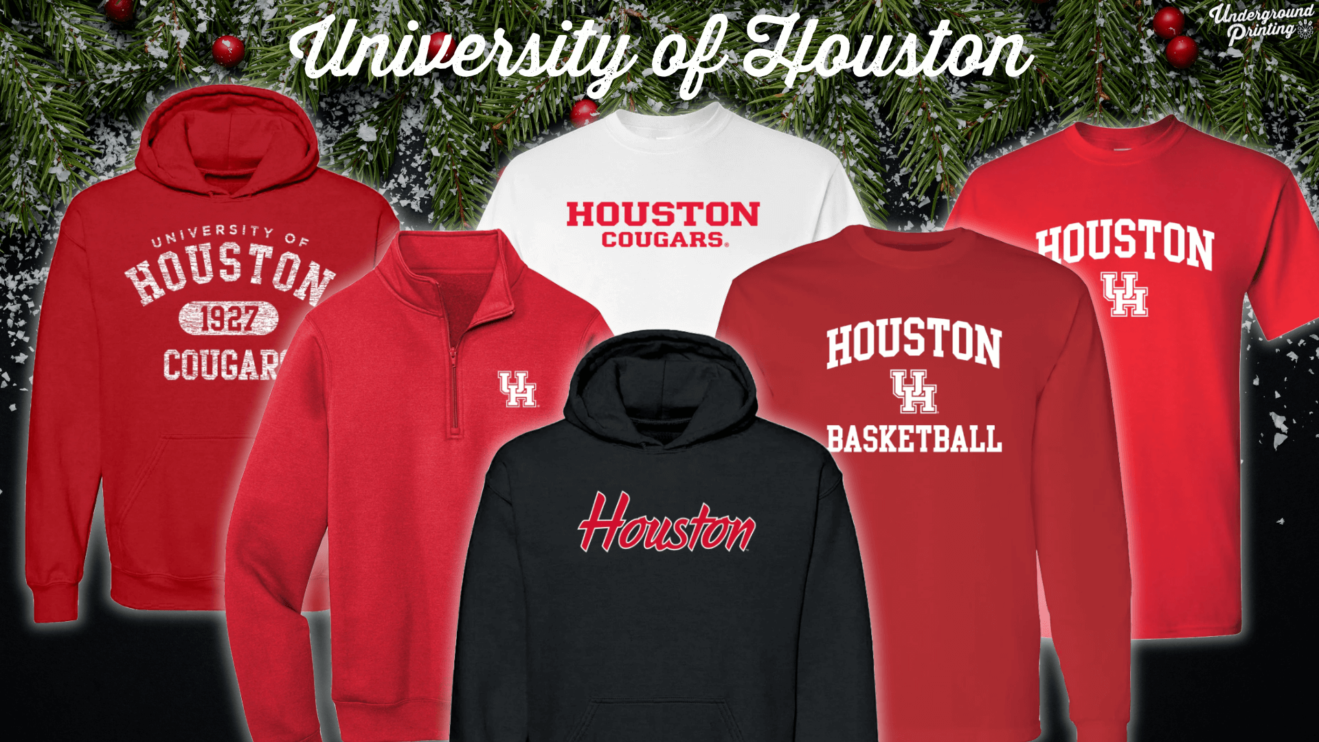 A variety of University of Houston apparel in red, black, and white, featuring T-shirts, sweatshirts, and hoodies with "Houston Cougars" and UH logo text.