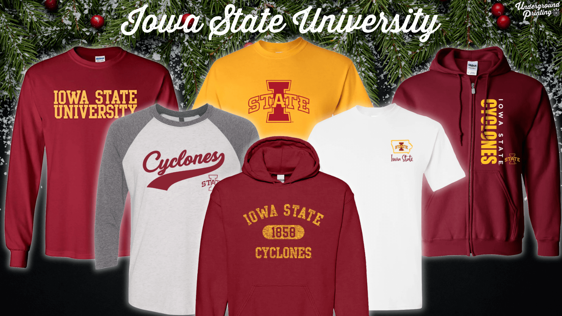 A selection of Iowa State University apparel, featuring various designs with "Cyclones" and "Iowa State" logos. Includes a maroon long-sleeve shirt, a yellow t-shirt with the "I-State" logo, a gray and maroon raglan with "Cyclones" written across the chest, a maroon hoodie with "Iowa State 1858 Cyclones," a white pocket tee with a small Iowa State logo on the pocket, and a maroon zip-up hoodie with "Iowa State Cyclones" vertically along the side.