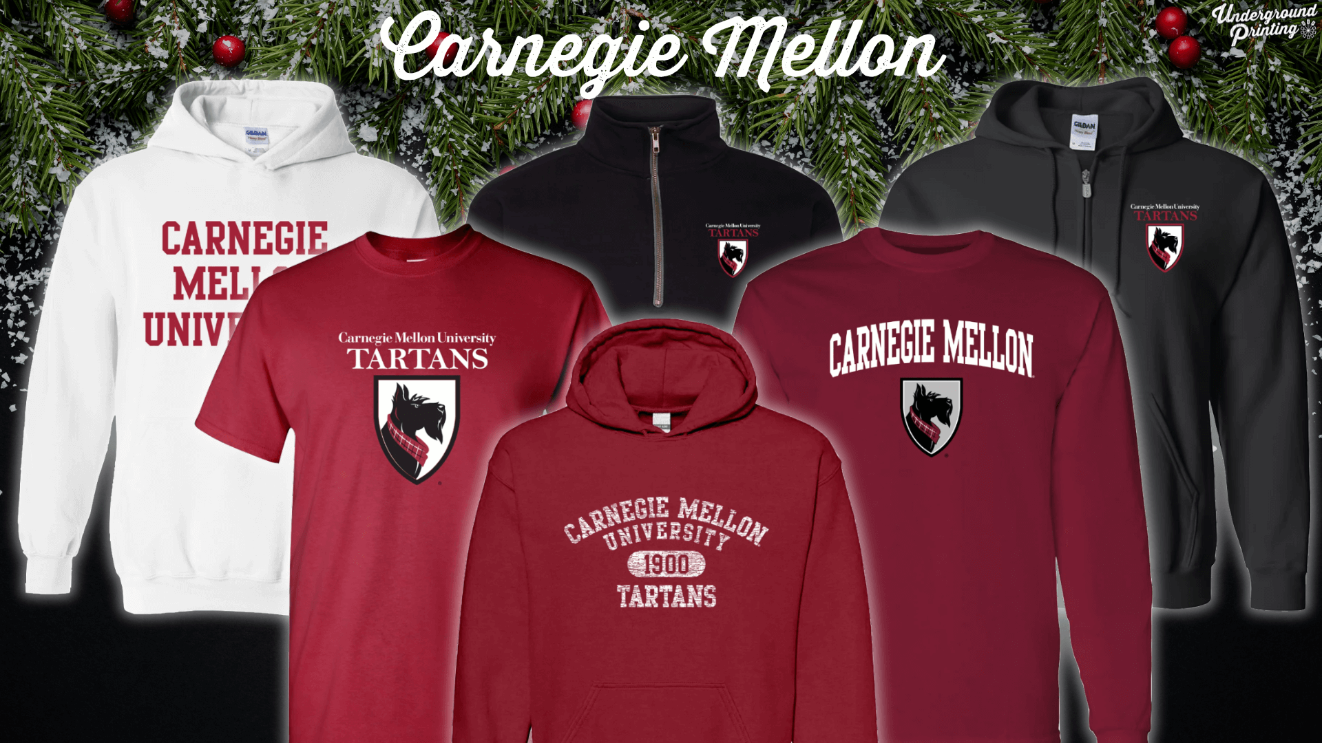 A range of Carnegie Mellon University apparel in maroon, black, and white, showcasing T-shirts, hoodies, and sweatshirts with "Tartans" and CMU logos