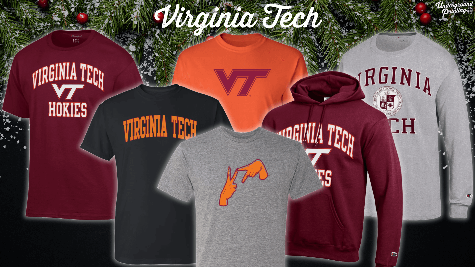 A collection of Virginia Tech clothing in maroon, gray, and orange, featuring T-shirts, hoodies, and sweatshirts with "Hokies," "Virginia Tech," and VT logos.