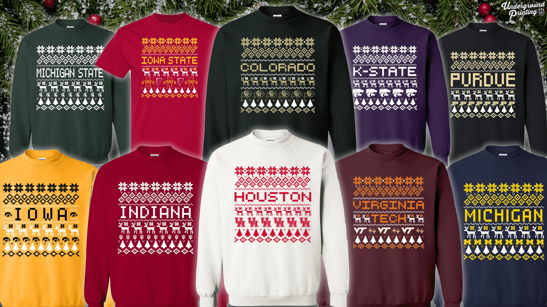 A display of collegiate "ugly sweaters" featuring school names and festive holiday patterns, with options for Michigan State, Iowa State, Colorado, K-State, Purdue, Iowa, Indiana, Houston, Virginia Tech, and Michigan. Each sweater includes holiday-themed icons like reindeer, trees, and snowflakes.