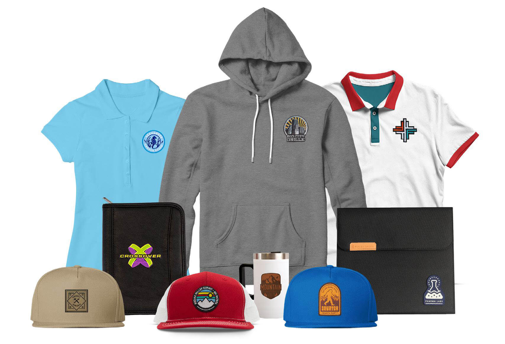 A lineup of custom patch clothing including custom hats, custom polos, custom promotional products, and a custom hoodie