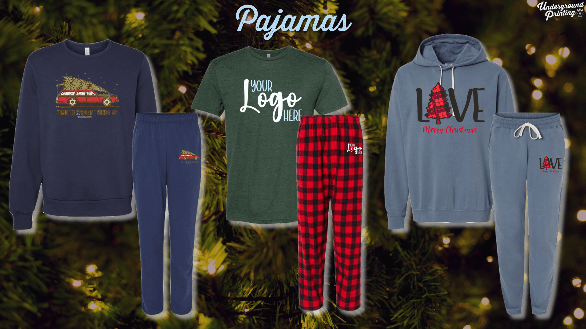 A holiday-themed display of personalized pajamas, featuring designs like a Christmas tree on a car, a "Your Logo Here" green t-shirt with red plaid pants, and a blue hoodie and sweatpants set with a "LOVE Merry Christmas" graphic.