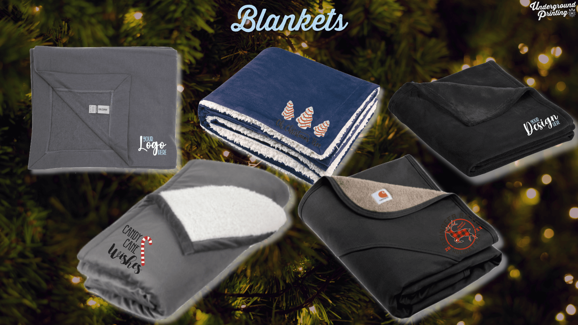 A selection of personalized blankets, featuring cozy designs like "Candy Cane Wishes" on a gray blanket with white sherpa lining, navy blanket with candy cane tree design, and a black Carhartt blanket with a red holiday logo.