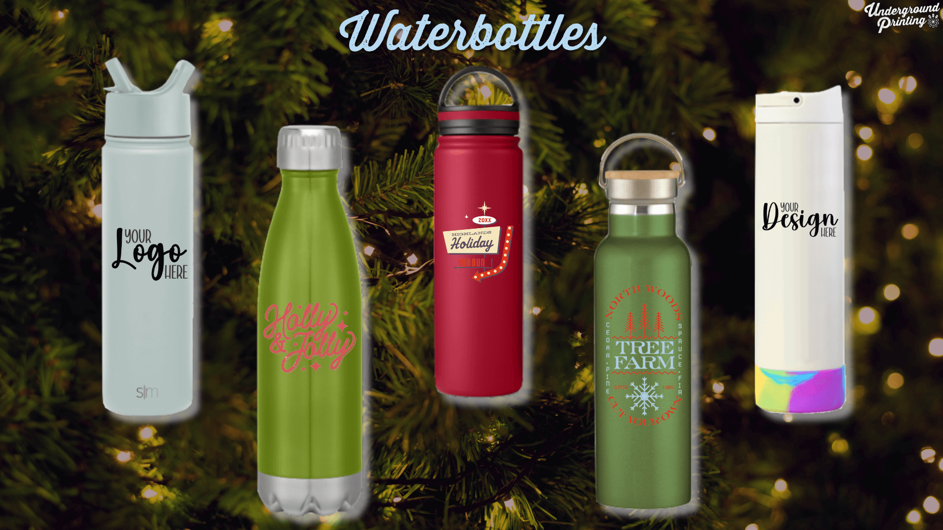 A range of holiday-themed water bottles in pastel colors with designs such as "Tree Farm," "Holly & Jolly," and custom logo placeholders, displayed on a background of Christmas tree branches.