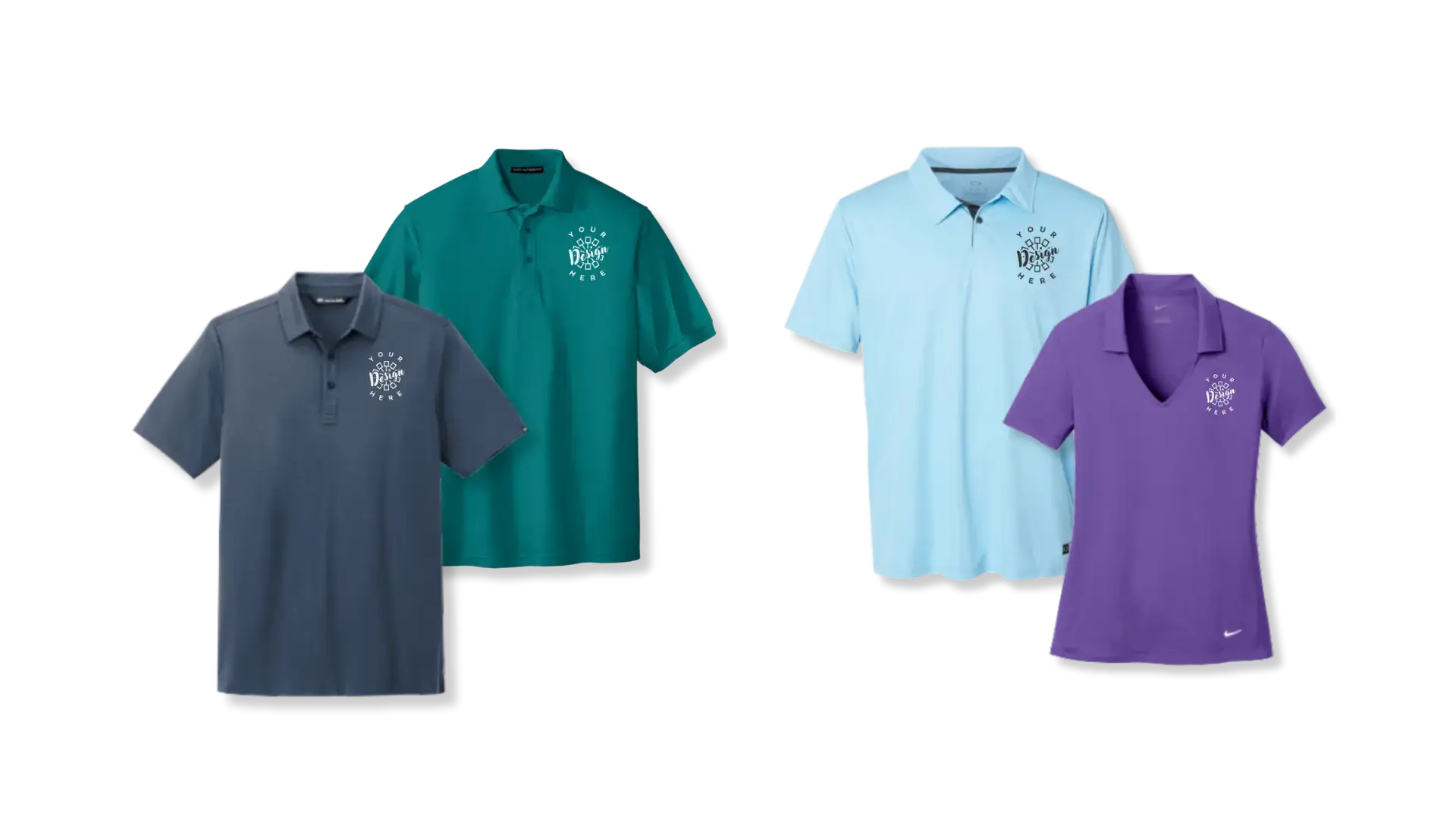 2 mens polos, one in navy and one in turquoise followed by two performance polos, one in baby blue and one in purple