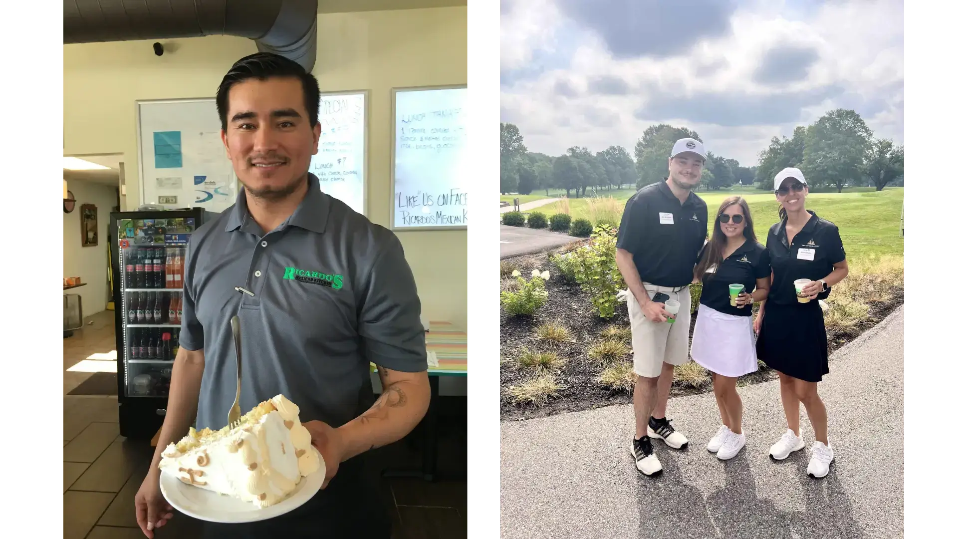 a photo of a restaurant worker from ricardos smiling holding a piece of cake wearing a custom grey polo followed by a photo of 3 employees on a golf course outing wearing their custom black polos