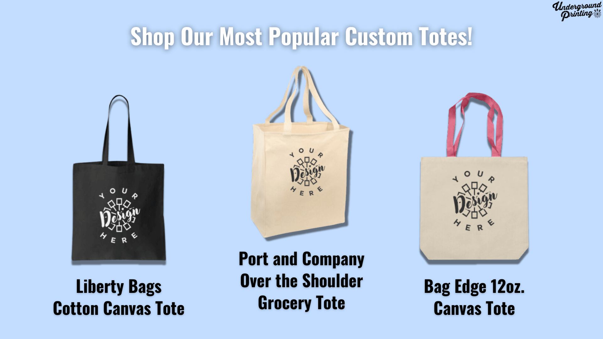 3 different custom tote bags from left to right. Liberty bags cotton canvas tote, port and company over the shoulder grocery stote, an bag edge 12oz canvas tote