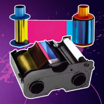 Fargo YMCKO color printer ribbon cartridge, showing the yellow, magenta, cyan, black, and overlay panels, with the ribbon rolls detached above against a colorful background. This is a supply for Fargo ID card printers. Buy Online at GrooveBadges.com