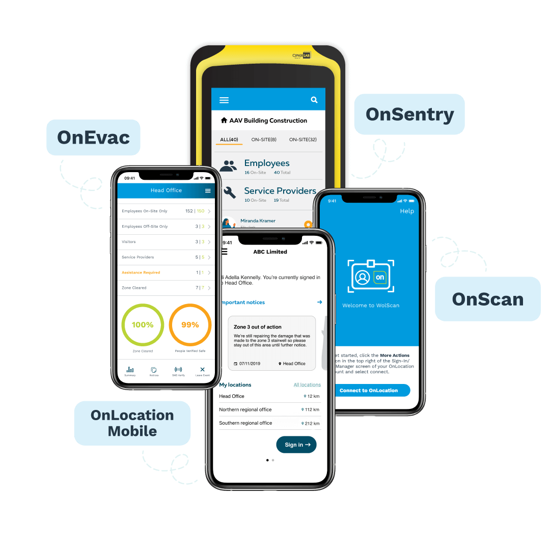 Contractor Management OnEvac, OnSentry, OnMobile, On Scan, iPhone application showing evacuation apps, sign in apps