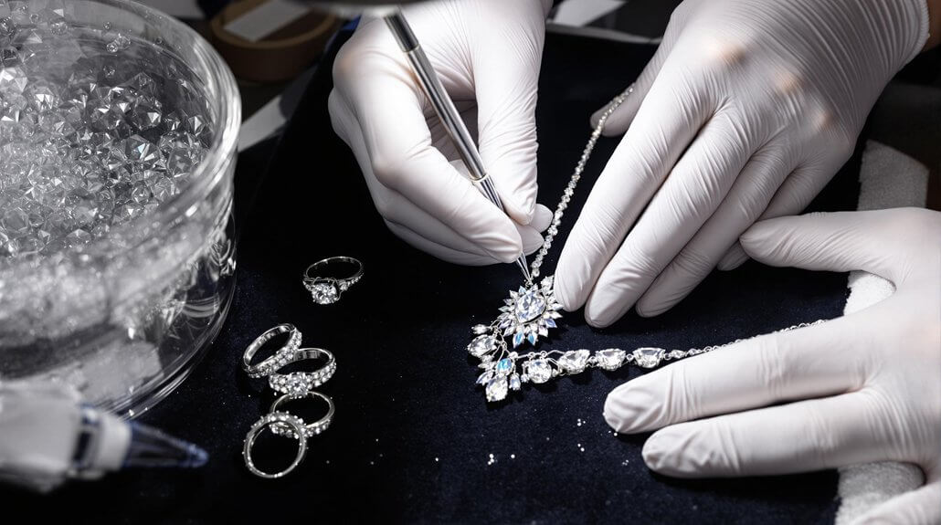 Diamond jewellery care - a diamond neckalce is eing carefully cleaned