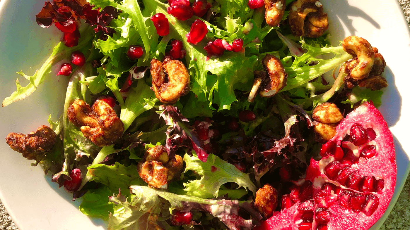 Date Glazed Cashew Pomegranate Salad