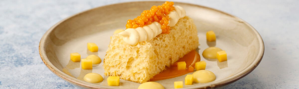 Mango sponge with clotted custard