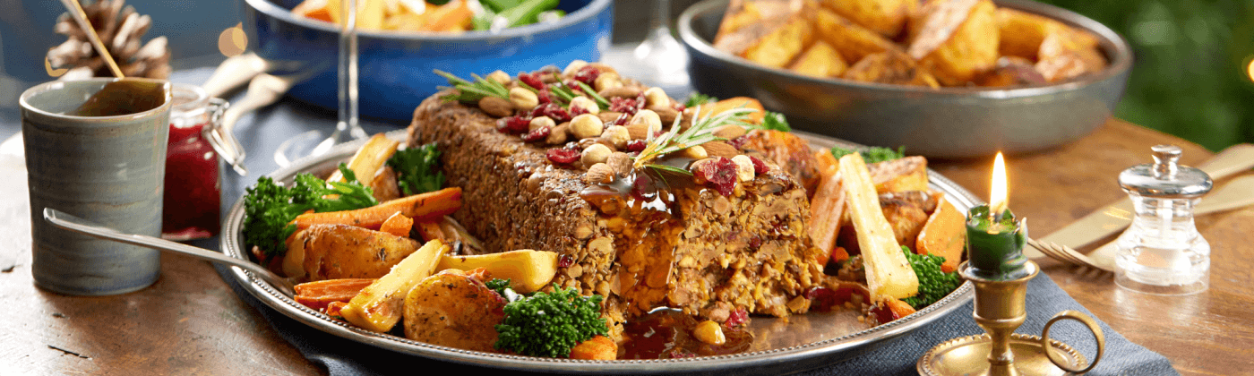 Nut roast and chermoula roasted potatoes