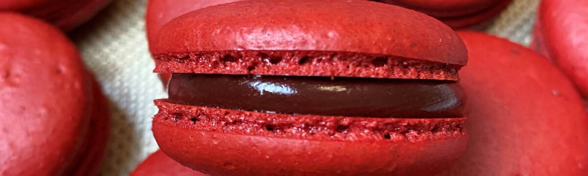 Red velvet macarons with crimson red