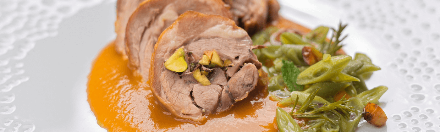 Shoulder of lamb stuffed with mint, roasted pistachios and apricot