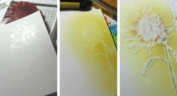 Sunflower stamp - Emboss Resist and colored pencils