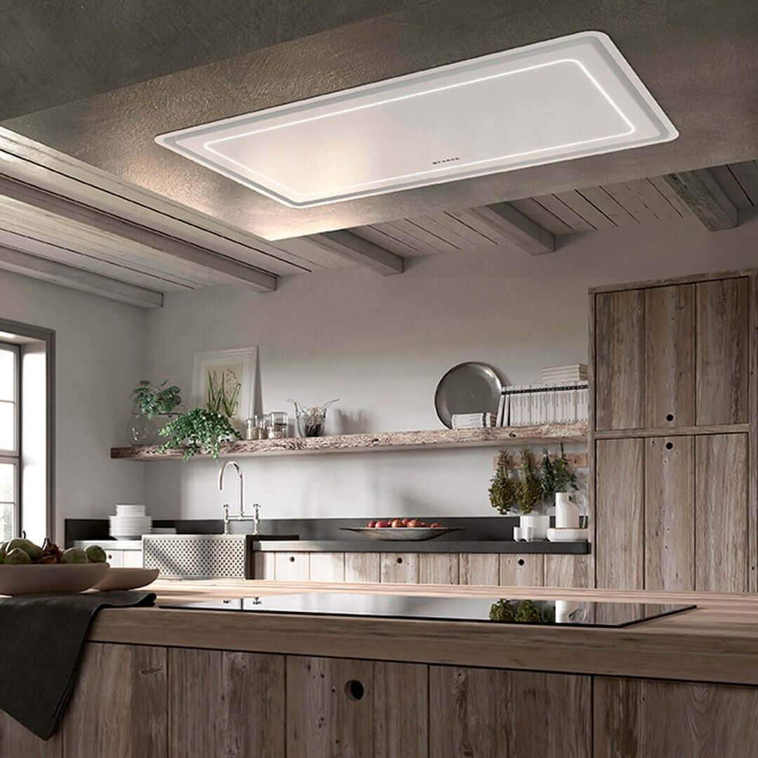 Ceiling mount range hood in a rustic kitchen