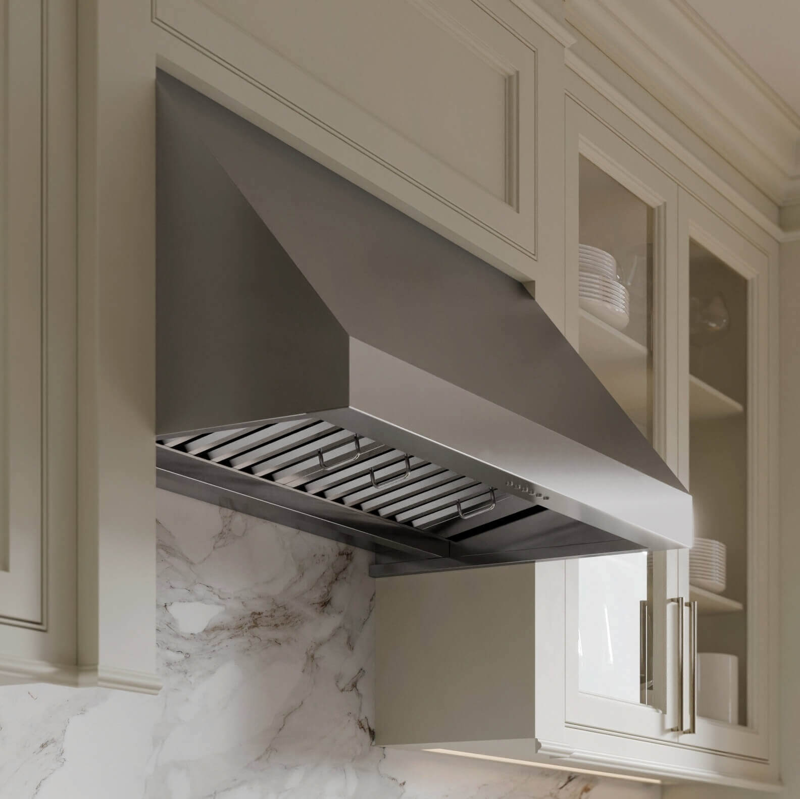 Under cabinet range hood in a farmhouse kitchen