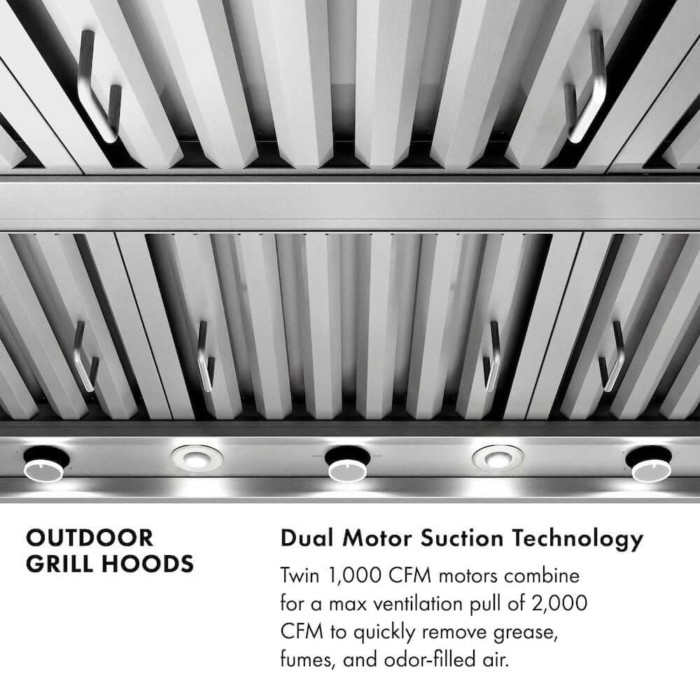  Outdoor grill hoods. Dual motor suction technology. Twin 1,000 CFM motors combine for a max ventilation pull of 2,000 CFM to quickly remove grease, fumes, and odor filled air