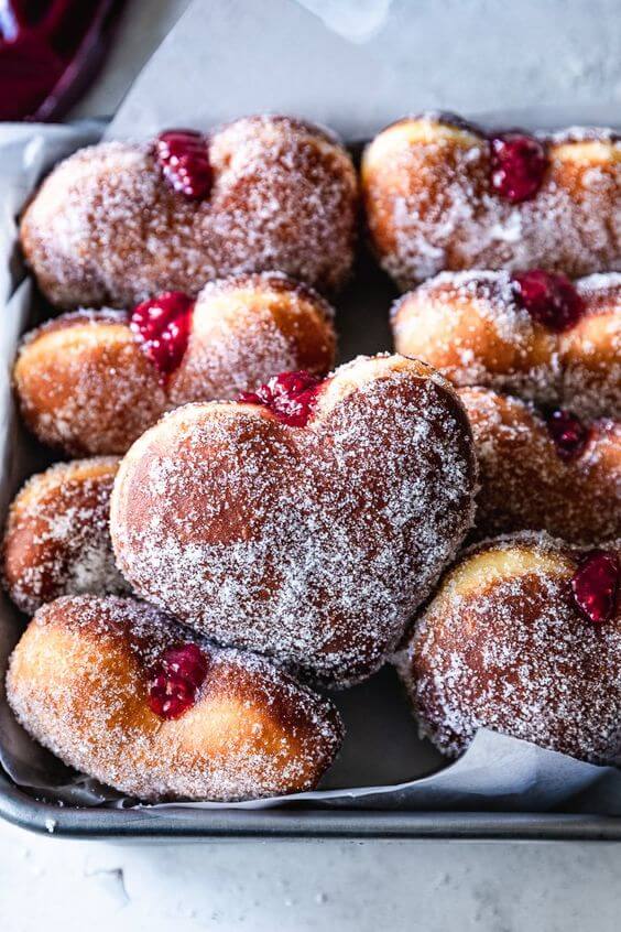 Raspberry Stuffed Heart Doughnuts