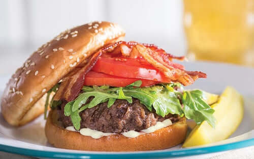 Asiago Bacon Burger with Honeyed Arugula