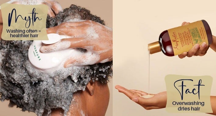 Afro hair washing routine showing curly hair being washed with moisturising shampoo