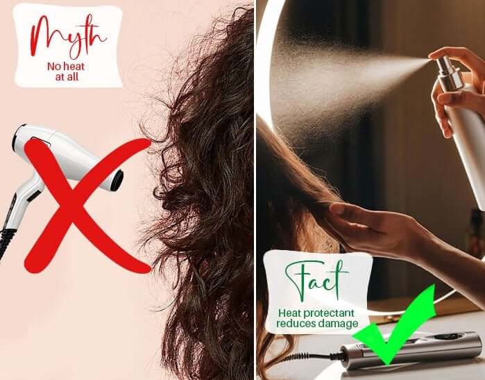 Woman with afro hair using heat protectant before styling curly hair with a blow dryer